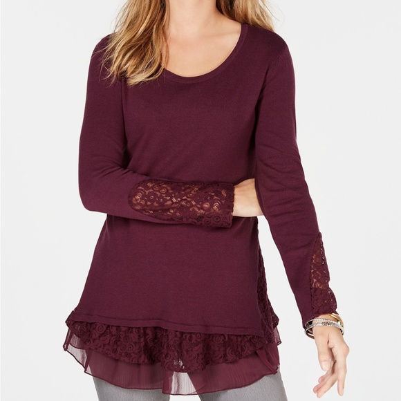 Style & Co Lace Trim Scoop Neck Sweater Black Lg - Picture 2 of 7